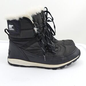 Sorel Whitney Short Waterproof Snow Boots Size 8.5 Black Faux Fur Trim Lace Up